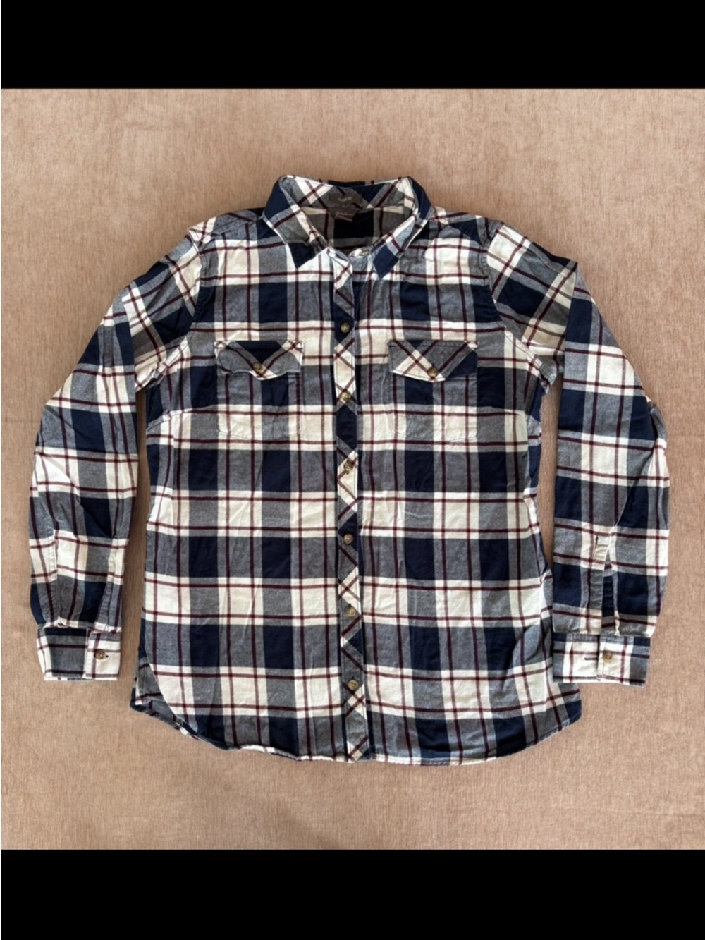 Eddie Bauer Women’s Navy, White & Burgundy Plaid Flannel Button-Down Large